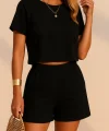 Kadın Kısa Kollu Yuvarlak Yakalı Ithal Keten Bluz Ve Short Ikili Takım