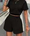 Kadın Kısa Kollu Yuvarlak Yakalı Ithal Keten Bluz Ve Short Ikili Takım