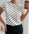Kadın Kısa Yarasa Kollu Bisiklet Yaka çizgi Desenli Atlas Bluz