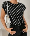 Kadın Kısa Yarasa Kollu Bisiklet Yaka çizgi Desenli Atlas Bluz