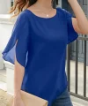 Kadın Kısa Yırtmaç Kollu Yuvarlak Yaka şifon Bluz