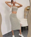 Kadın Kolsuz Askılı Crop Yırtmaçlı Midi Etek Fitilli Kaşkorse Takım