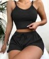 Kadın Kolsuz Ip Askılı V Yakalı Krop Bluz Kalın Fitilli Kaşkorse Ikili Takım