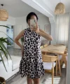 Kadın Kolsuz Sırttan Bağlamalı Fırfırlı Leopar Desenli Süprem Elbise