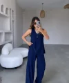 Kadın Kolsuz V Yaka Bluz Ve Ispanyol Paça Pantolon Ikili Takım
