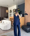 Kadın Kolsuz V Yaka Bluz Ve Ispanyol Paça Pantolon Ikili Takım
