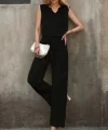 Kadın Kolsuz V Yakalı Aerobin Bluz Ve Belden Kuşaklı Pantolon Ikili Takım