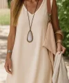 Kadın Kolsuz V Yakalı Maksi Boy Ithal Keten Elbise