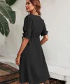 Kadın Kolu Bağlamalı V Yaka önü Düğmeli Aerobin Kumaş Elbise