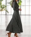 Kadın Krep Kumaş Uzun Kollu Tam Boy Puantiyeli Elbise 132 Cm