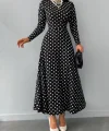 Kadın Krep Kumaş Uzun Kollu Tam Boy Puantiyeli Elbise 132 Cm