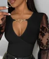 Kadın Kruvaze Yaka Derin Dekolteli Kolları Tül Detay Fırsat ürün Bluz