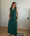 Kadın Kruvaze Yaka Düğme Detay Maxi Boy Elbise