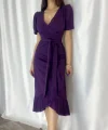 Kadın Kruvaze Yaka idi Boy Kuşaklı Krep Elbise 120 Cm