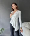 Kadın Kruvaze Yaka Kemer Detay Asimetrik Kesim Bluz