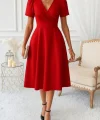 Kadın Kruvaze Yaka Kısa Kollu Midi Boy Krep Kumaş Elbise
