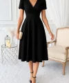 Kadın Kruvaze Yaka Kısa Kollu Midi Boy Krep Kumaş Elbise