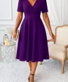 Kadın Kruvaze Yaka Kısa Kollu Midi Boy Krep Kumaş Elbise