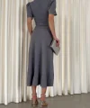 Kadın Kruvaze Yaka Midi Boy Kuşaklı Krep Elbise 120 Cm