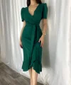 Kadın Kruvaze Yaka Midi Boy Kuşaklı Krep Elbise 120 Cm