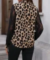 Kadın Leopar Desenli Kolları Tül Detaylı Krep Bluz