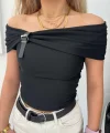 Kadın Madonna Yaka Deri Toka Detay Ottoman Kumaş Bluz