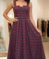 Kadın Omuz Askılı Full Ekose Detay Elbise