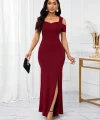 Kadın Omuzlardan Açık Askılı Yırtmaç Detaylı Uzun Ithal Krep Elbise