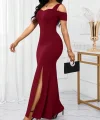 Kadın Omuzlardan Açık Askılı Yırtmaç Detaylı Uzun Ithal Krep Elbise