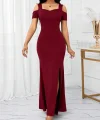 Kadın Omuzlardan Açık Askılı Yırtmaç Detaylı Uzun Ithal Krep Elbise