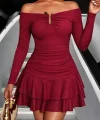 Kadın Omuzlardan Açık Belden Saran Büzgülü Etek Ucu Volanlı Dalgıç Mini Elbise