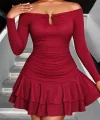 Kadın Omuzlardan Açık Belden Saran Büzgülü Etek Ucu Volanlı Dalgıç Mini Elbise