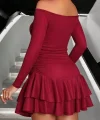 Kadın Omuzlardan Açık Belden Saran Büzgülü Etek Ucu Volanlı Dalgıç Mini Elbise
