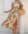 Kadın Omuzlardan Açık Halter Yakalı Yırtmaçlı çiçek Desenli Süprem Elbise