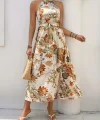 Kadın Omuzlardan Açık Halter Yakalı Yırtmaçlı çiçek Desenli Süprem Elbise