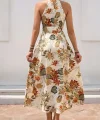 Kadın Omuzlardan Açık Halter Yakalı Yırtmaçlı çiçek Desenli Süprem Elbise