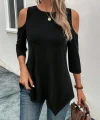 Kadın Omuzlardan Açık Sıfır Yaka Asimetrik Kesim Detay Viskon Bluz