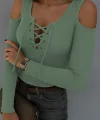 Kadın Omuzlardan Açık Uzun Kollu Bağcıklı Kaşkorse Bluz