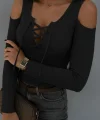 Kadın Omuzlardan Açık Uzun Kollu Bağcıklı Kaşkorse Bluz