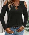 Kadın Omuzlardan Açık Uzun Kollu Yakadan Halka şerit Detaylı Viskon Bluz