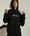 Kadın Oversize Üç İplik Kapüşonlu Sweatshirt – Siyah “Other Lives” Ön ve Arka Baskılı, Şardonlu Kışlık, Rahat Günlük Model Siyah