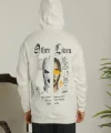 Erkek Oversize Üç İplik Şardonlu Kapüşonlu Sweatshirt – Beyaz “Other Lives” Ön ve Arka Baskılı, Kanguru Cepli, Ribanalı Rahat Kışlık Model Beyaz