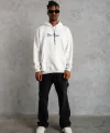Erkek Oversize Üç İplik Şardonlu Kapüşonlu Sweatshirt – Beyaz “Other Lives” Ön ve Arka Baskılı, Kanguru Cepli, Ribanalı Rahat Kışlık Model Beyaz