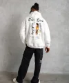 Erkek Oversize Üç İplik Şardonlu Kapüşonlu Sweatshirt – Beyaz “Other Lives” Ön ve Arka Baskılı, Kanguru Cepli, Ribanalı Rahat Kışlık Model Beyaz