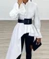 Kadın Pamuk Polyester Kumaş, Asimetrik Kesim Gömlek (Kemer Dahil)