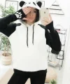 Kadın Panda üç Iplik Kumaş Kapüşonlu Polar Sweat 65 Cm