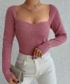 Kadın Pembe Dekolteli Kare Yaka Triko Bluz