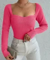 Kadın Pembe Dekolteli Kare Yaka Triko Bluz 2042