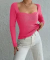 Kadın Pembe Dekolteli Kare Yaka Triko Bluz 2042