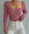 Kadın Pembe Dekolteli Kare Yaka Triko Bluz